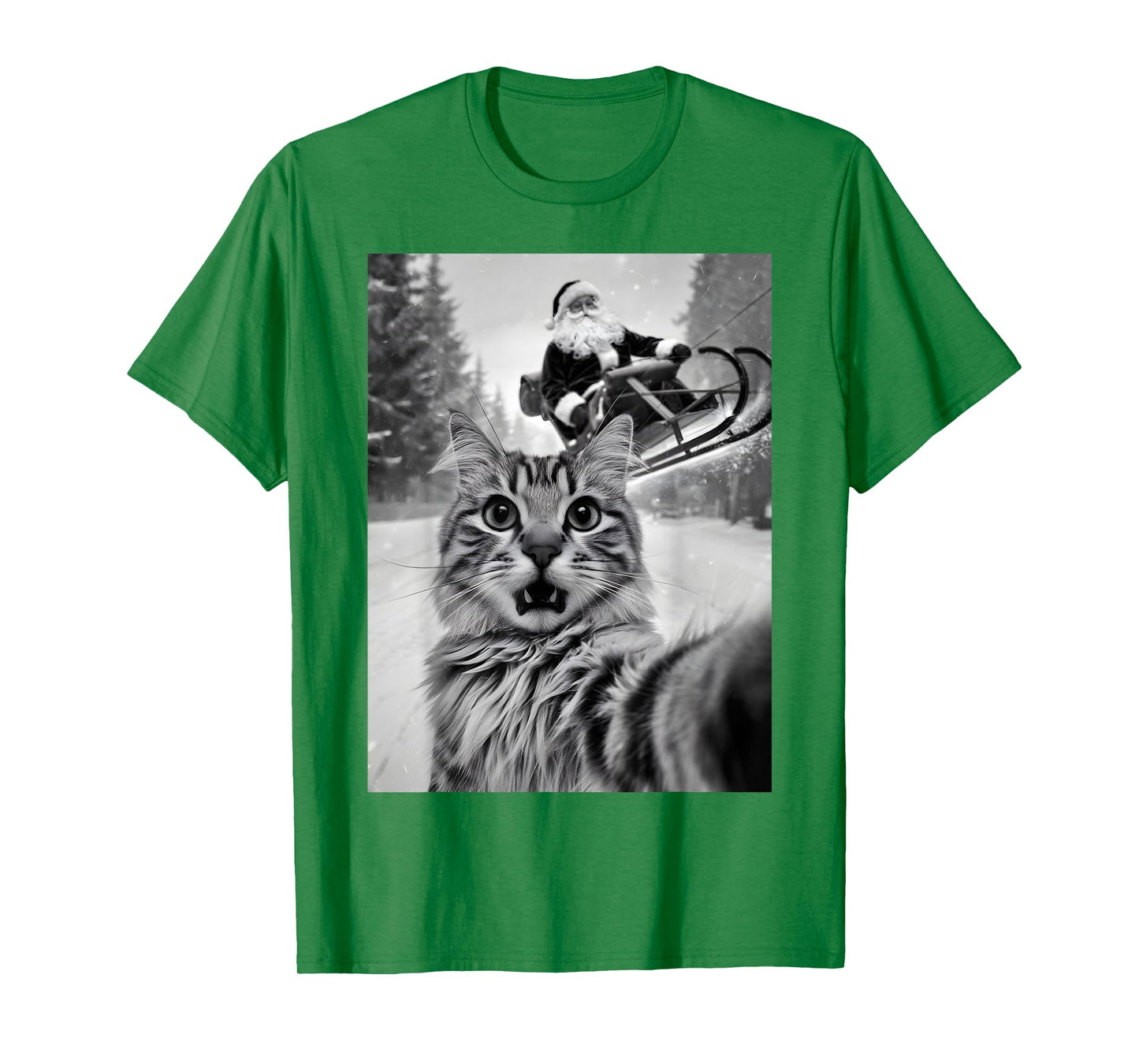 Christmas Cat Selfie With Santa Claus Sleigh Merry X-Mas Men Women Kids T-Shirt