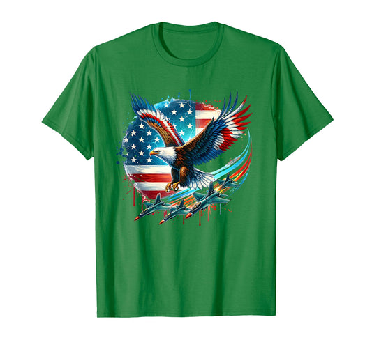 Boys 4th Of July American Bald Eagle USA Flag Fighter Jet T-Shirt