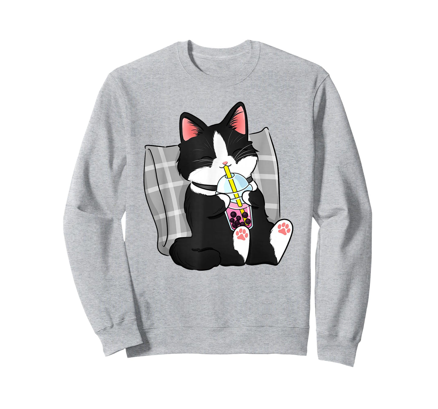 Tuxedo Cat Illustration Drinking Boba Milk Tea Design T-Shirt