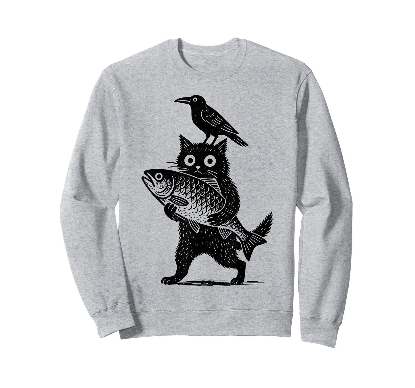 Black Animals Funny Cat with Crow Catches Fish Japanese Art T-Shirt