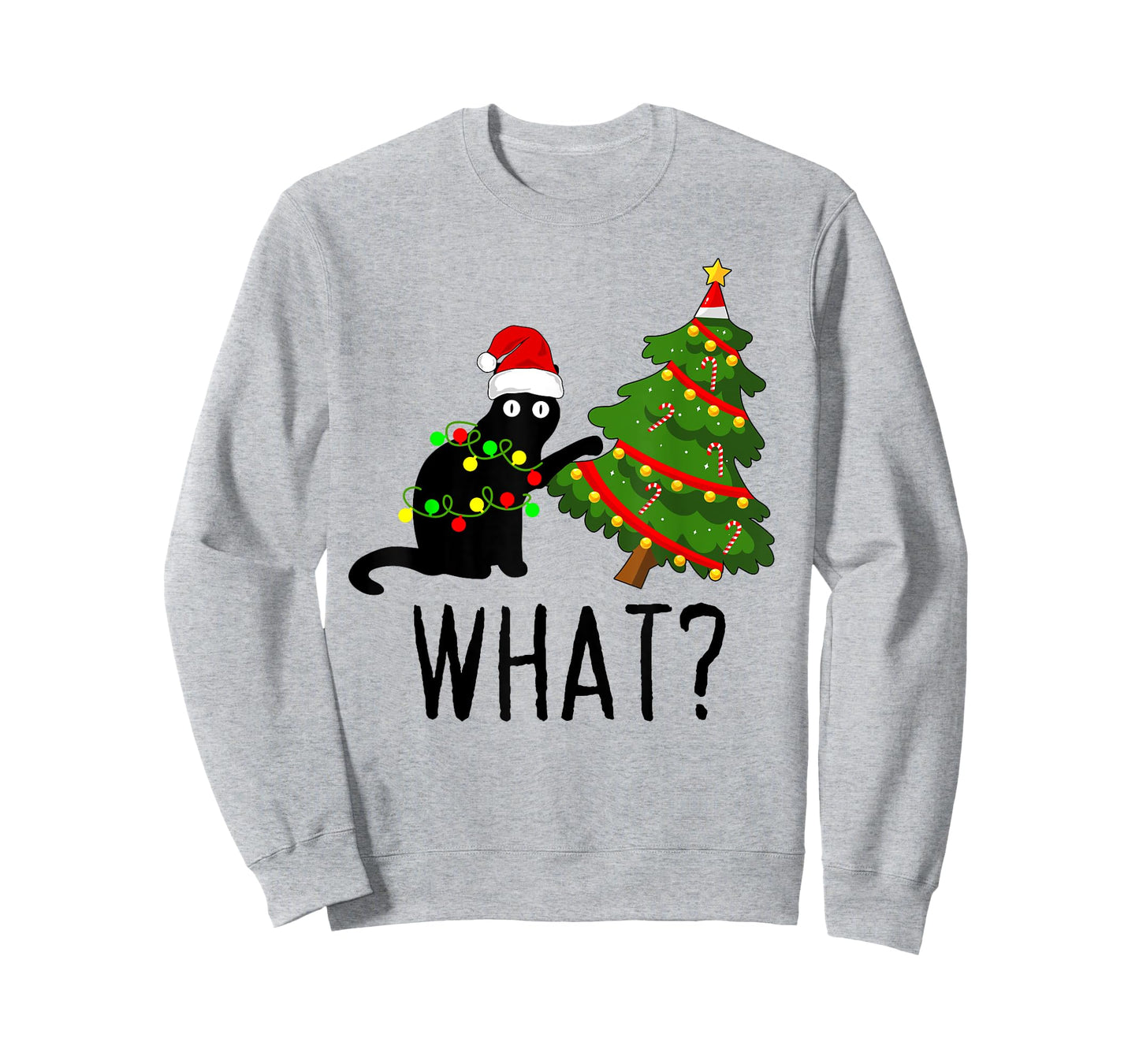 Black Cat Pushing Christmas Tree Over Cat What? Cat Shenanig T-Shirt for Men Women Kids