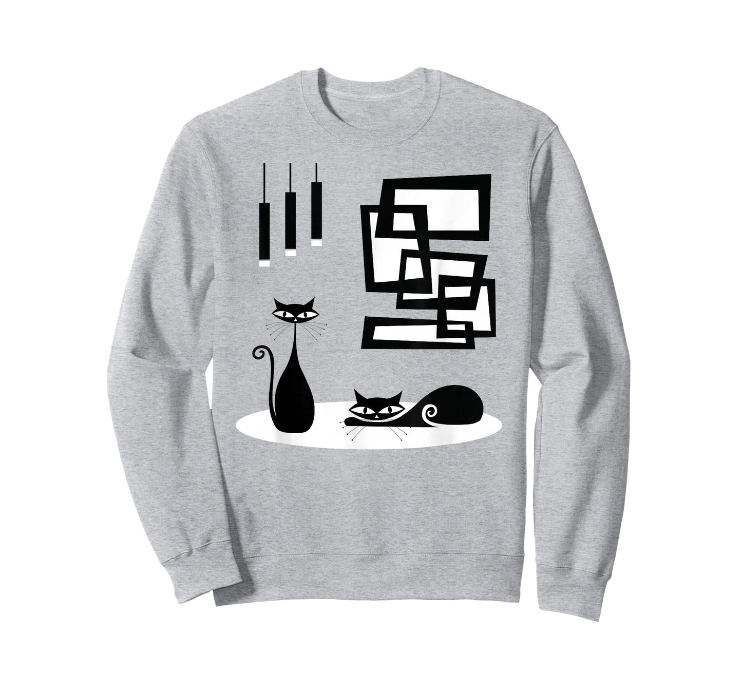 Retro Cat Mid Century Modern Cats and Atomic Art T-Shirt, Women's, Unisex, Short Sleeve, Grey, Small, Regular Fit, Cotton Blend, Machine Wash, US Size Small