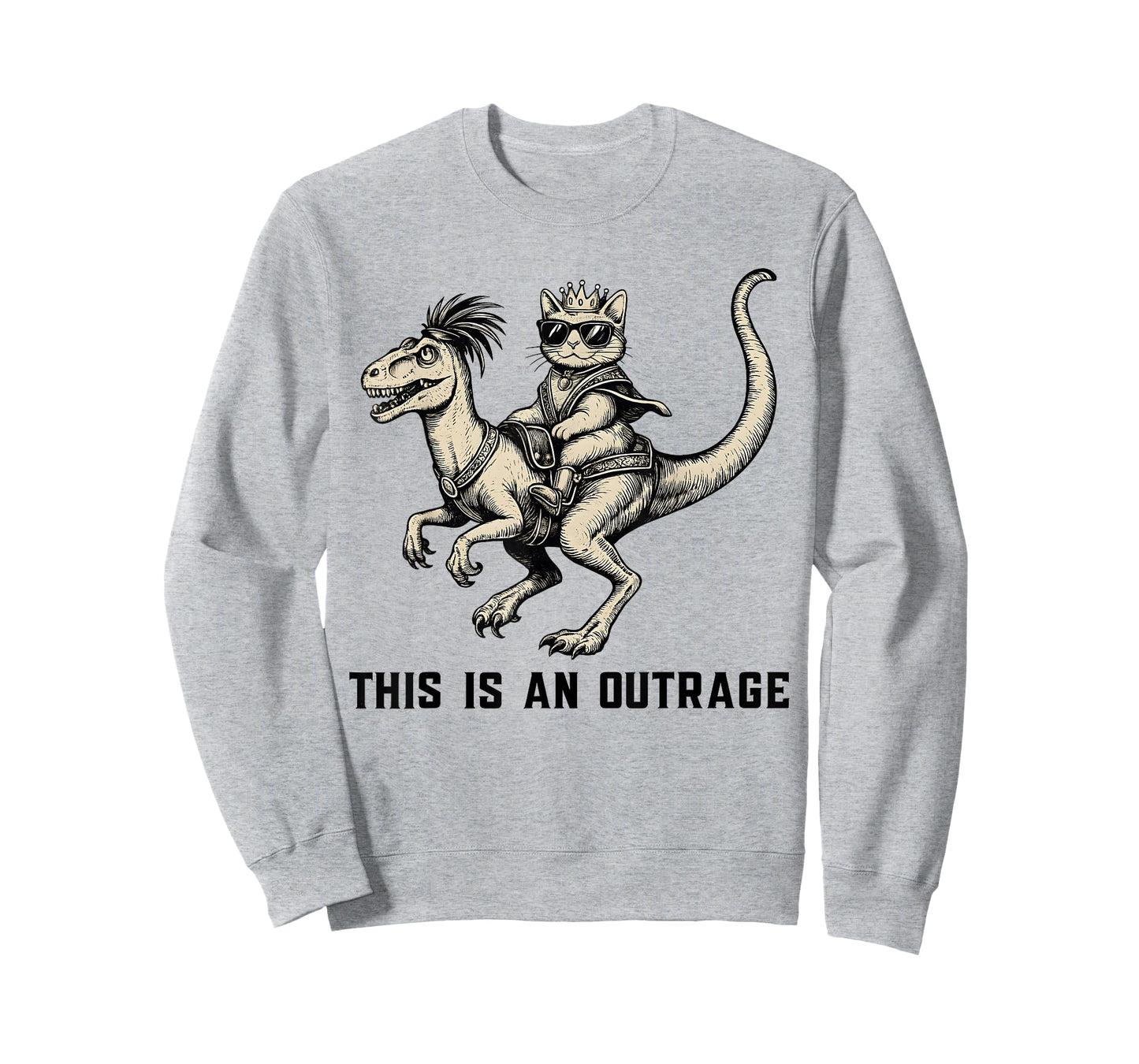 This is an Outrage Funny Cat Riding Dinosaur Meme T-Shirt