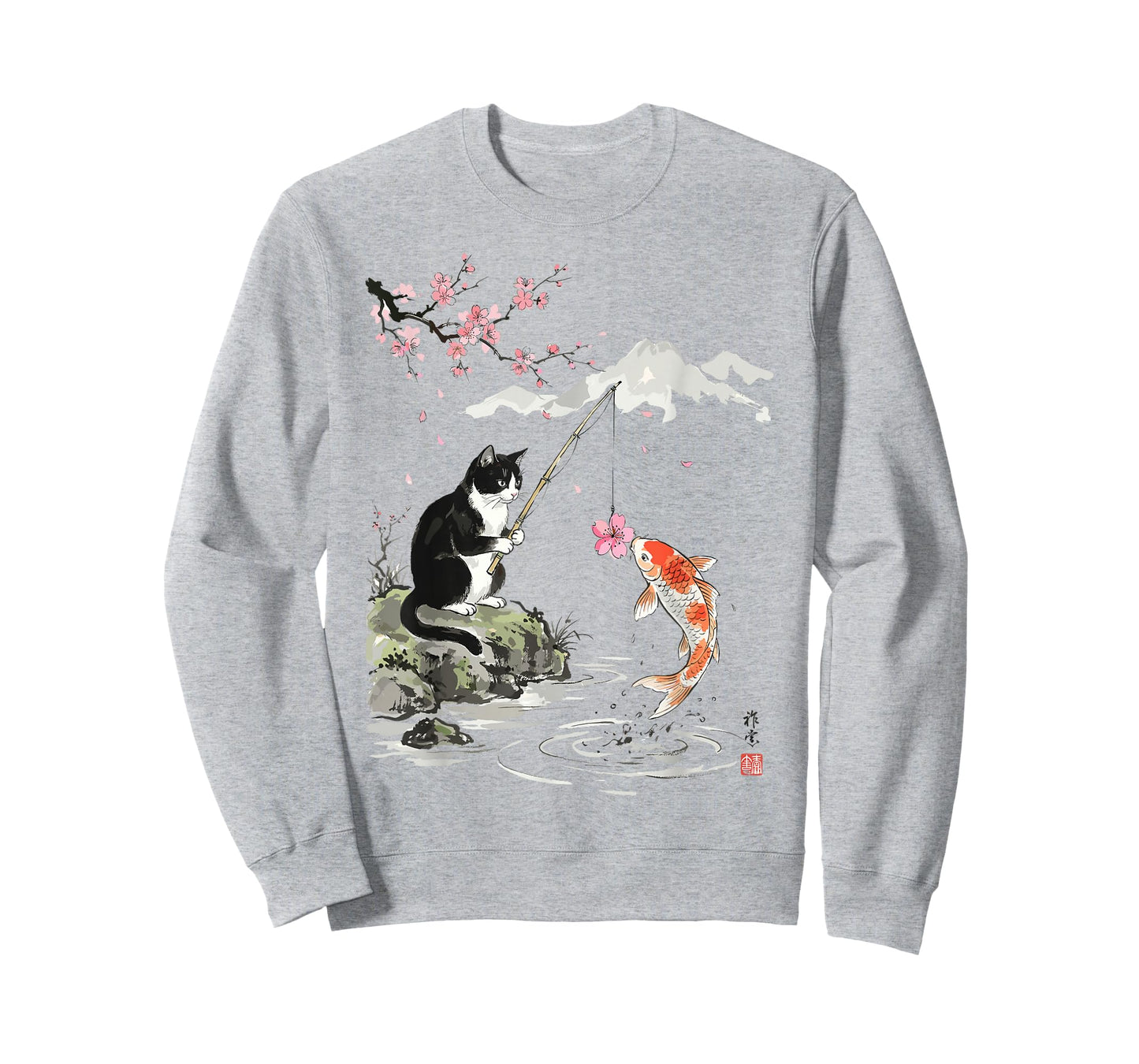 Japanese Cherry Blossom Cat Koi Fishing Funny T-Shirt