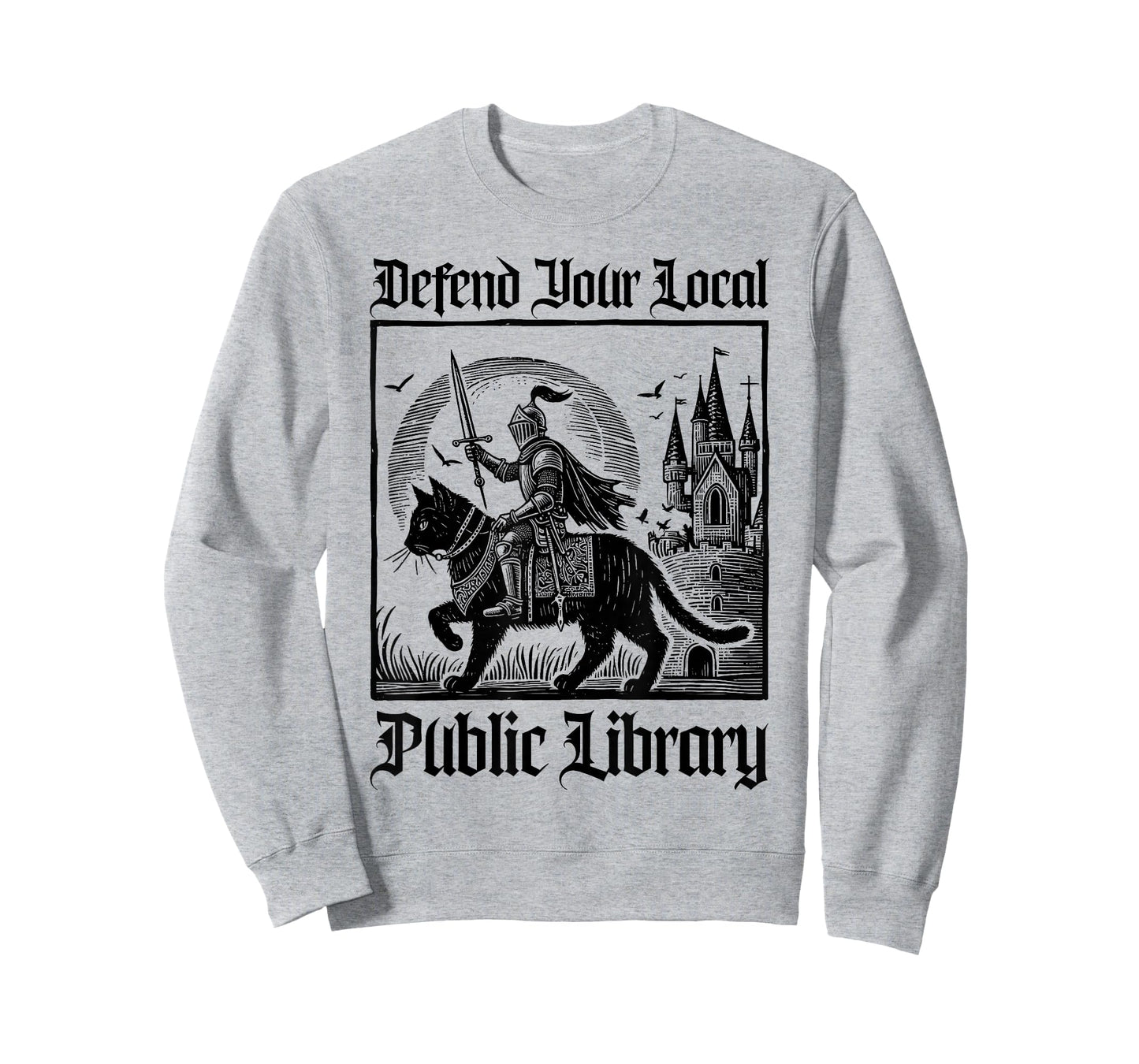 Defend Your Local Public Library Funny Knight Riding Cat T-Shirt