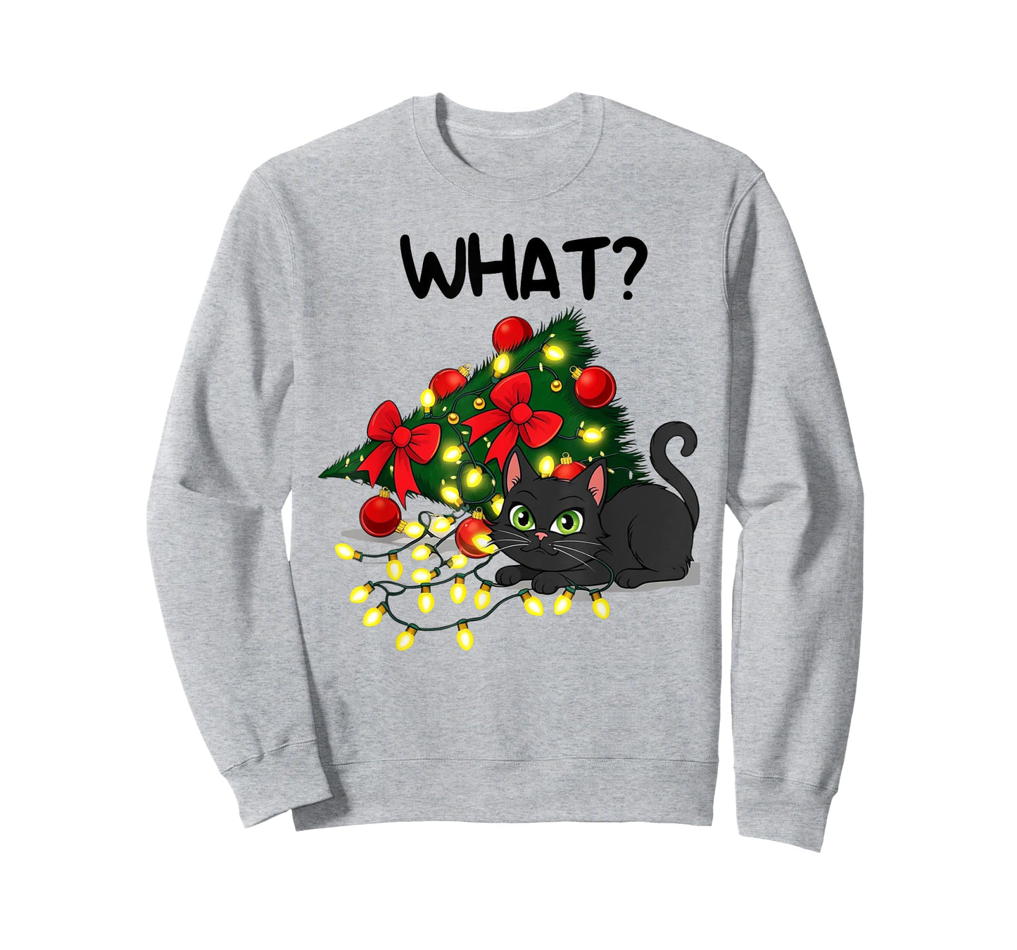 Funny Black Cat Pushing Christmas Tree Over Cat What? Xmas T-Shirt