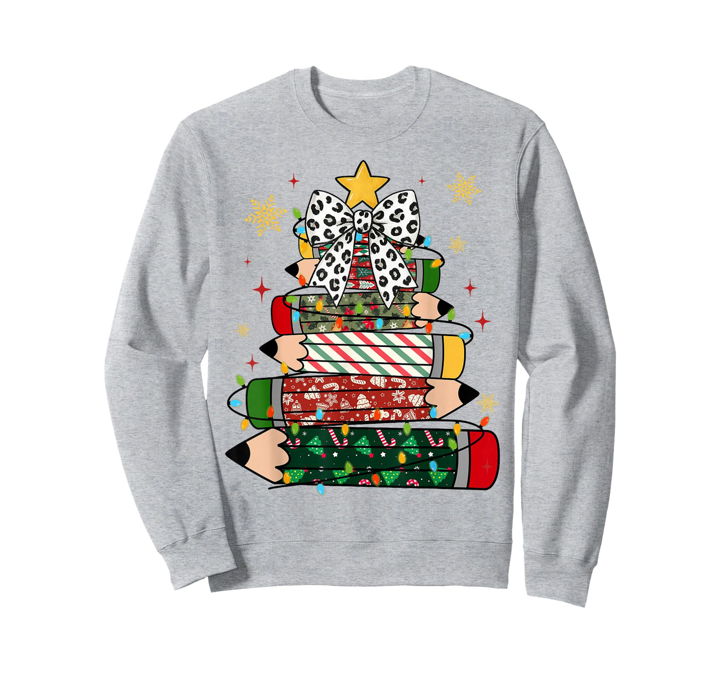 Teacher Christmas Tree Lights Pencil Leopard Print Cute Bow T-Shirt