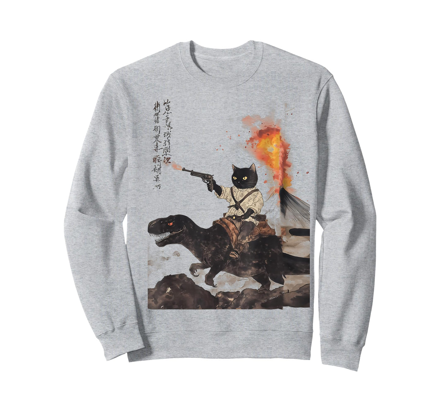 Retro Calligraphy cat Dinosaur Volcanic Eruption Art Print T-Shirt