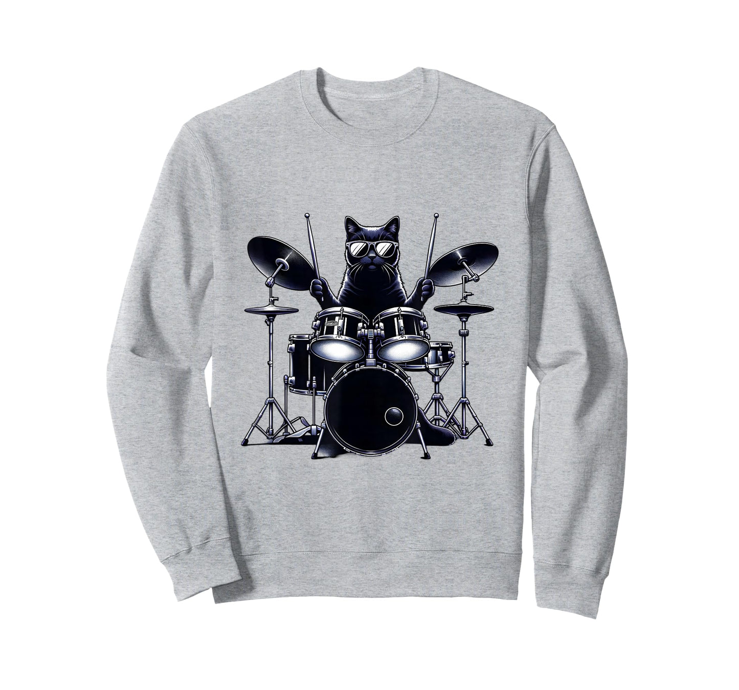 Percussion Cat Playing Drums T-Shirt, Unisex-Adults/Kids, Grey, Short Sleeve, Cat, Drumming, Graphic, Music, Novelty, Classic Fit, Cotton Blend, Machine Wash, Size: Small