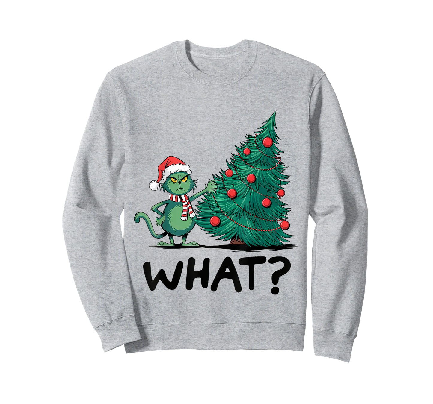 Cat What Funny Green Cat Pushing Christmas Tree Ugly Xmas T-Shirt for Men Women Kids