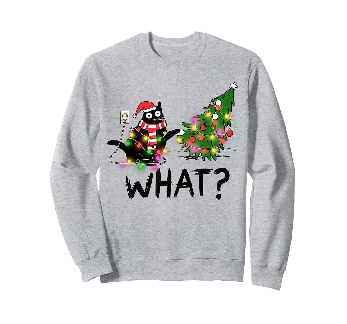 Funny Black Cat Gift Pushing Christmas Tree Over Cat What? T-Shirt