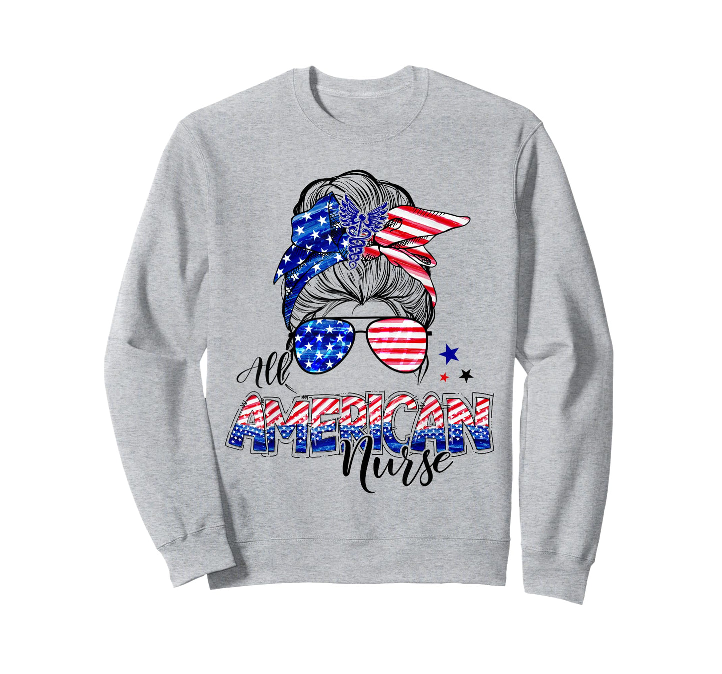American Flag Patriotic Nurse Messy Bun 4th Of July T-Shirt