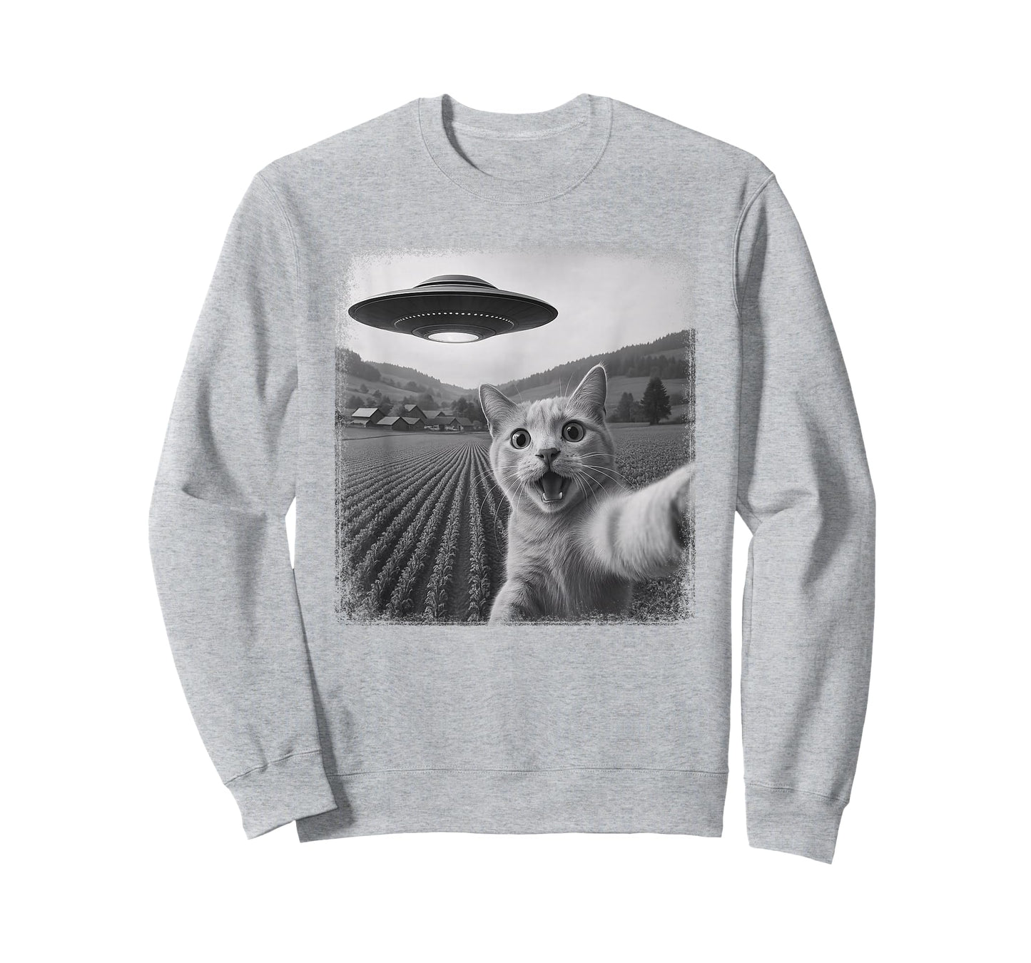 UFO Distressed Orange Tabby Cat Selfie with Invasion Alien T-Shirt