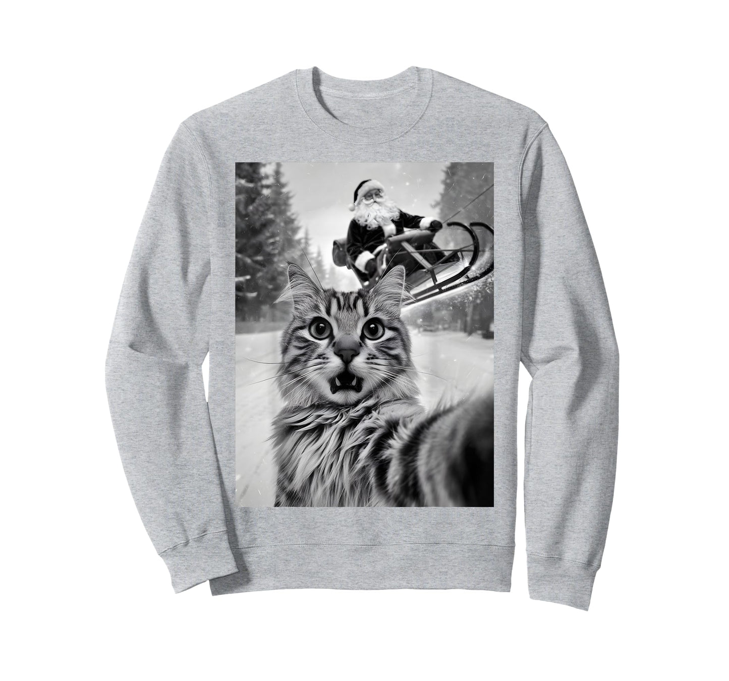 Christmas Cat Selfie With Santa Claus Sleigh Merry X-Mas Men Women Kids T-Shirt