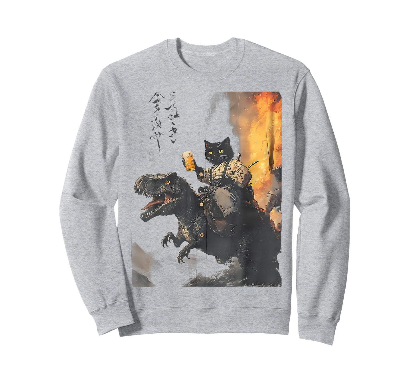 Black Cat Samurai Dinosaur Funny Men Women T-Shirt