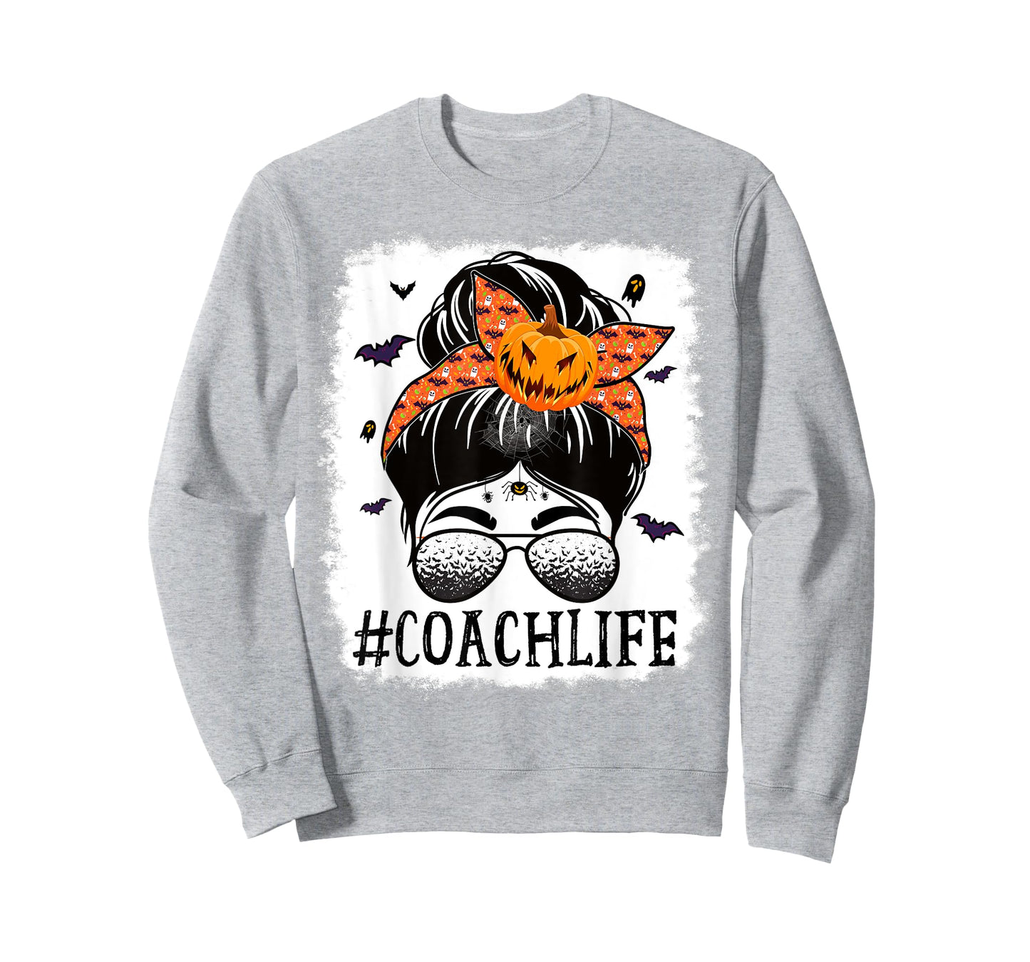 Coach Messy Bun Spooky Pumpkin Bat Orange Halloween Costume T-Shirt