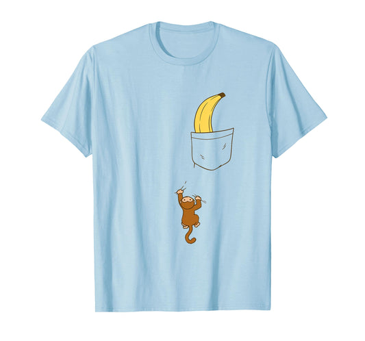 Cute Baby Monkey Climbing for Banana in Pocket Funny Animal T-Shirt