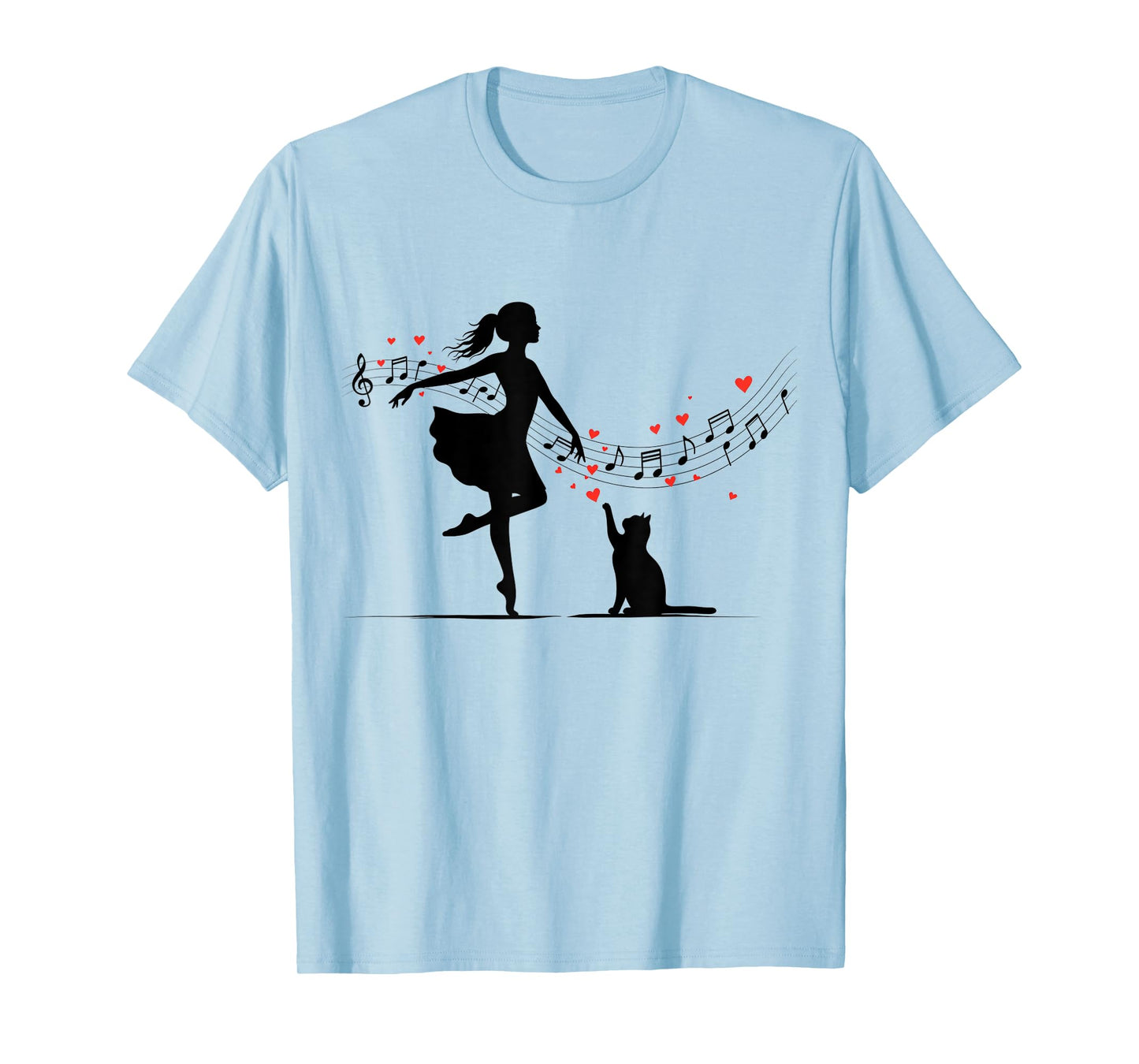 Girl and Cute Cat Dance with Music Notes and Hearts T-Shirt