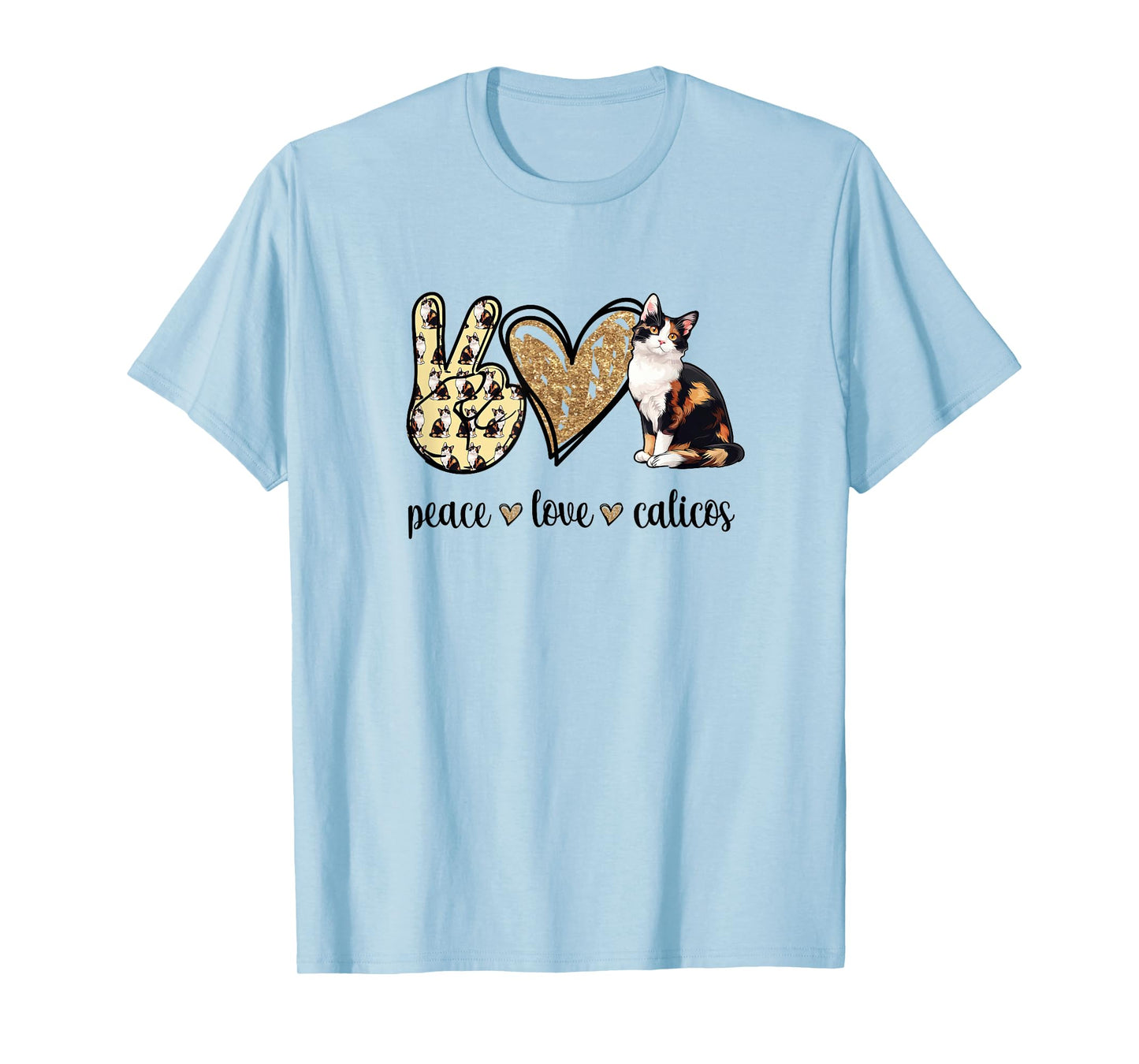 Womens Girls Peace Love Calico Cat Lover T-Shirt
