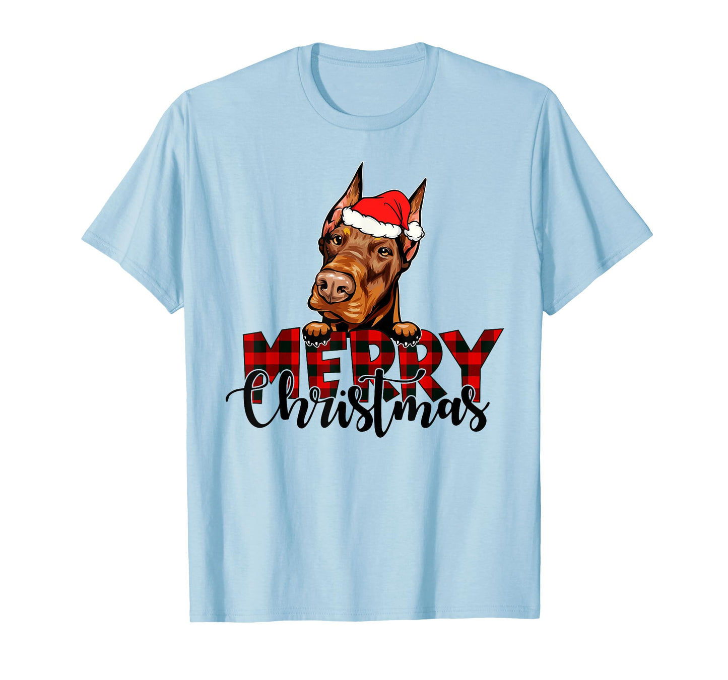 Merry Christmas Doberman Dog Christmas Red Plaid Santa Hat T-Shirt