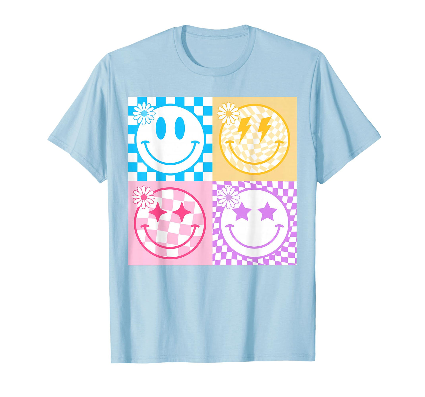 Retro Happy Smile Face Checkered Pattern Vibes Trendy Girls T-Shirt