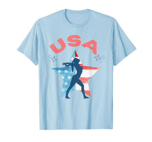 Girls Gymnastics American Flag Star Patriotic USA Gymnast T-Shirt