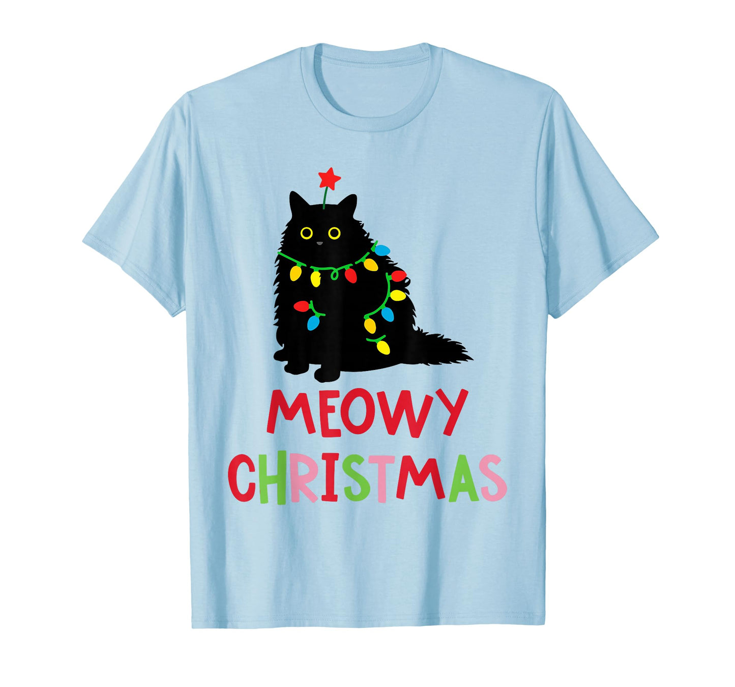 Meowy Christmas Funny Black Cat Christmas Lights Cat Lovers T-Shirt