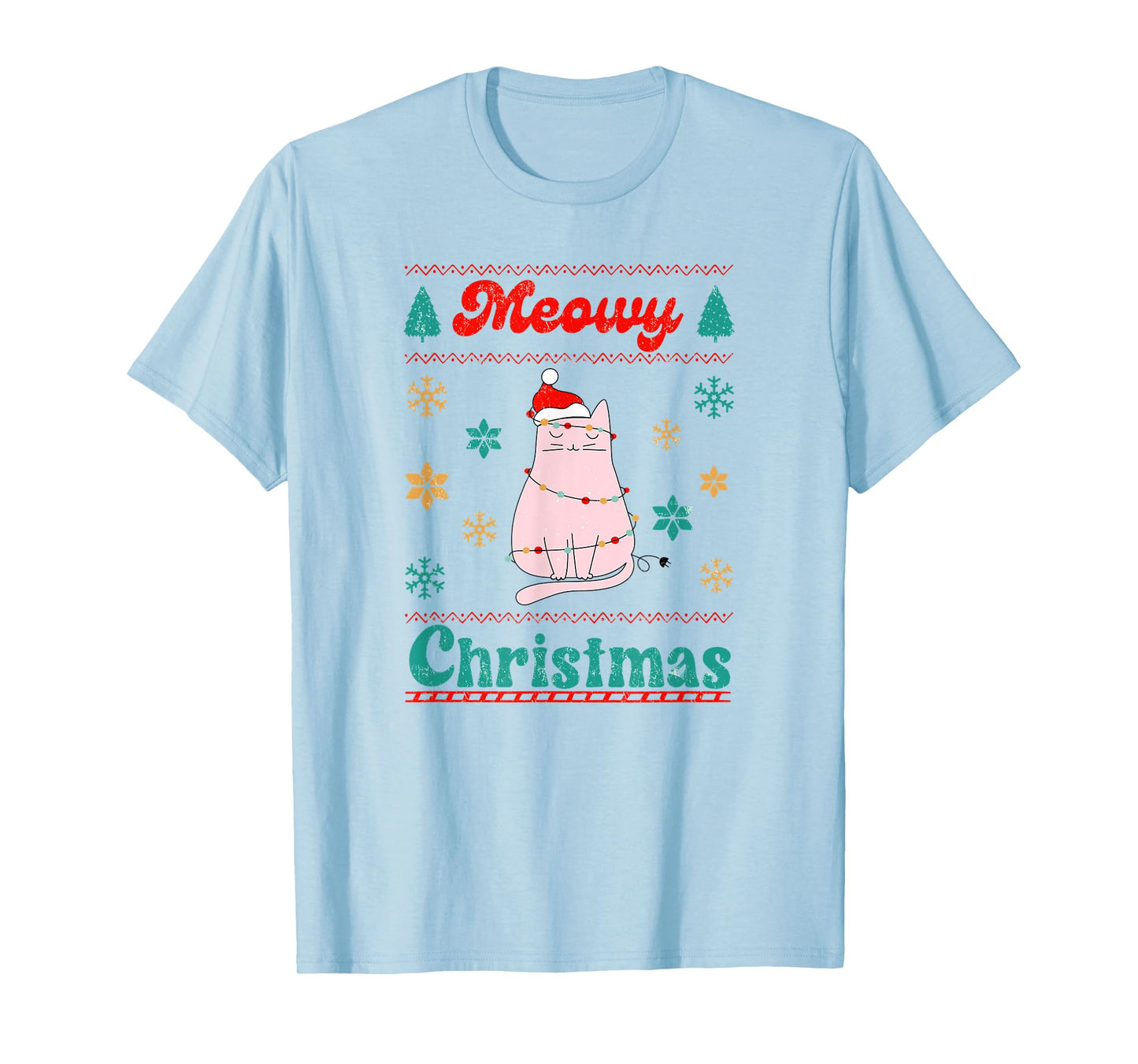 Meowy Catmas Christmas Cat in Santa Hat & Christmas Lights T-Shirt