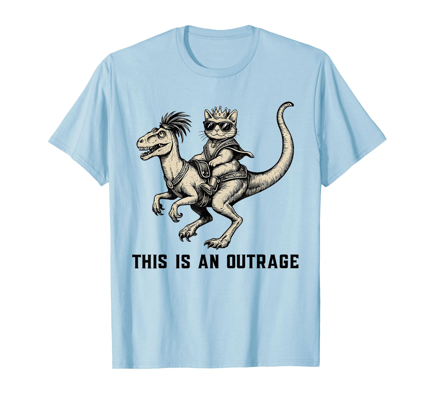 This is an Outrage Funny Cat Riding Dinosaur Meme T-Shirt