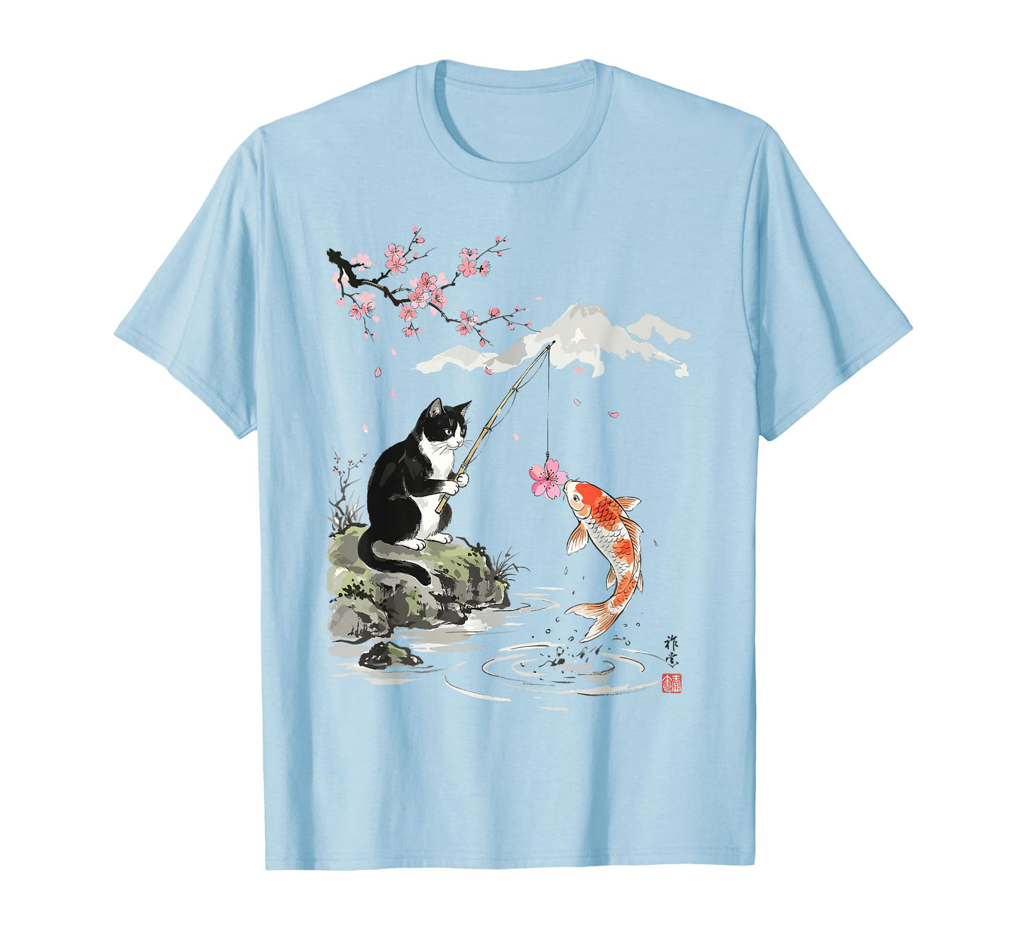 Japanese Cherry Blossom Cat Koi Fishing Funny T-Shirt