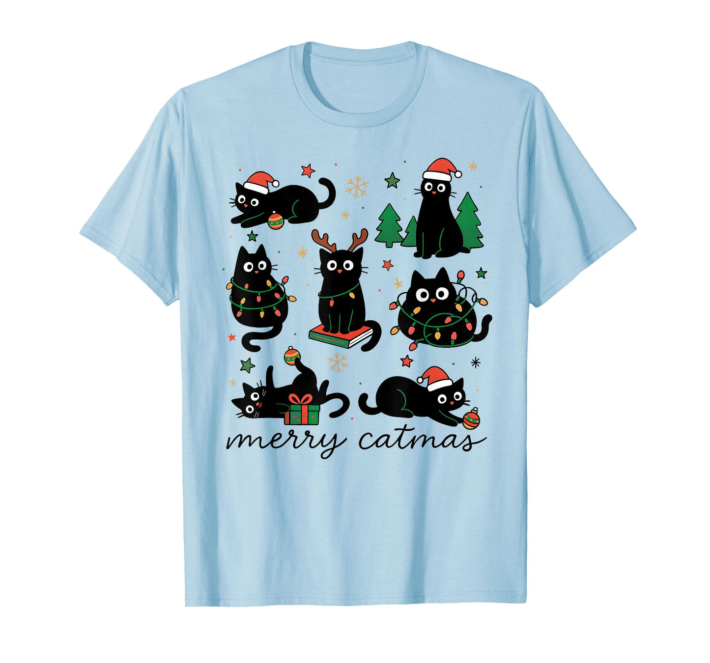 Cute Merry Catmas Cat Lover Christmas Light Pajama Santa Hat T-Shirt