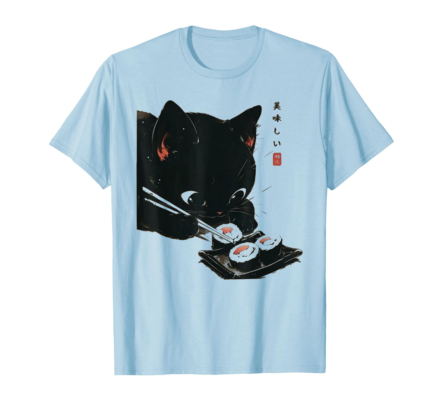 Black Cat Eating Sushi - Cat Japanese Art T-Shirt for Men Women