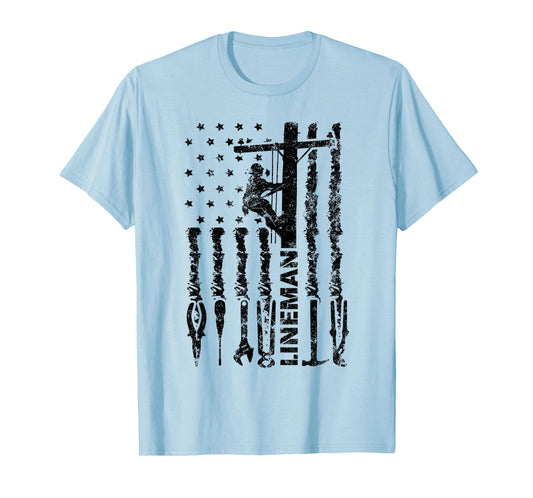 Lineman American flag electrician USA flag funny lineman T-Shirt