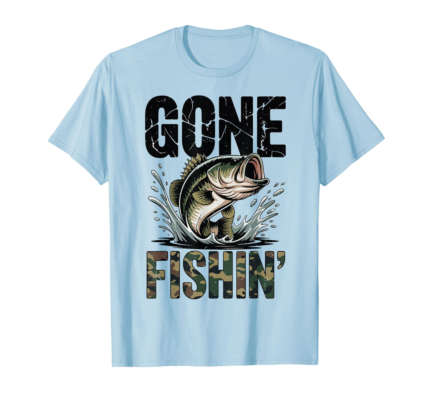 Fishing Camo Bass Fish Gone Fishing Men Youth Funny Dad Joke T-Shirt