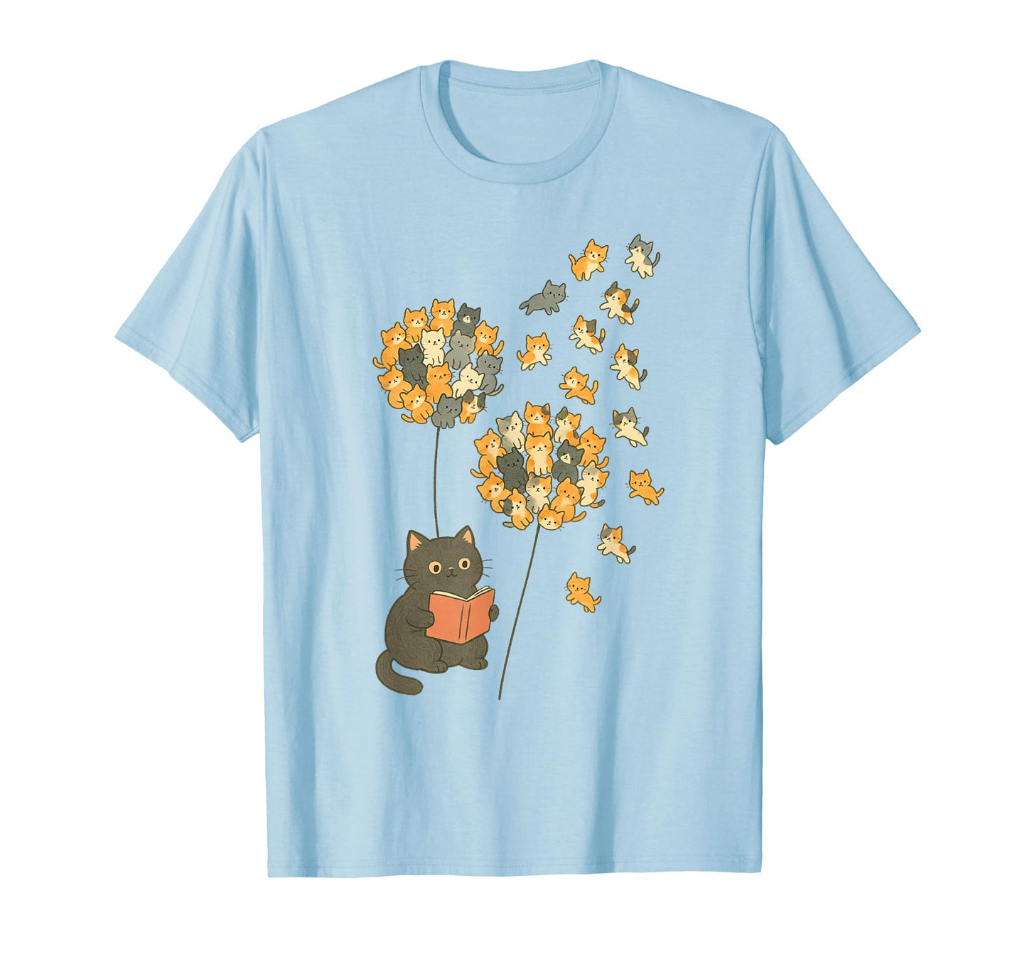 Cute Reading Cat with Kitten Dandelion Flowers Book Lover T-Shirt