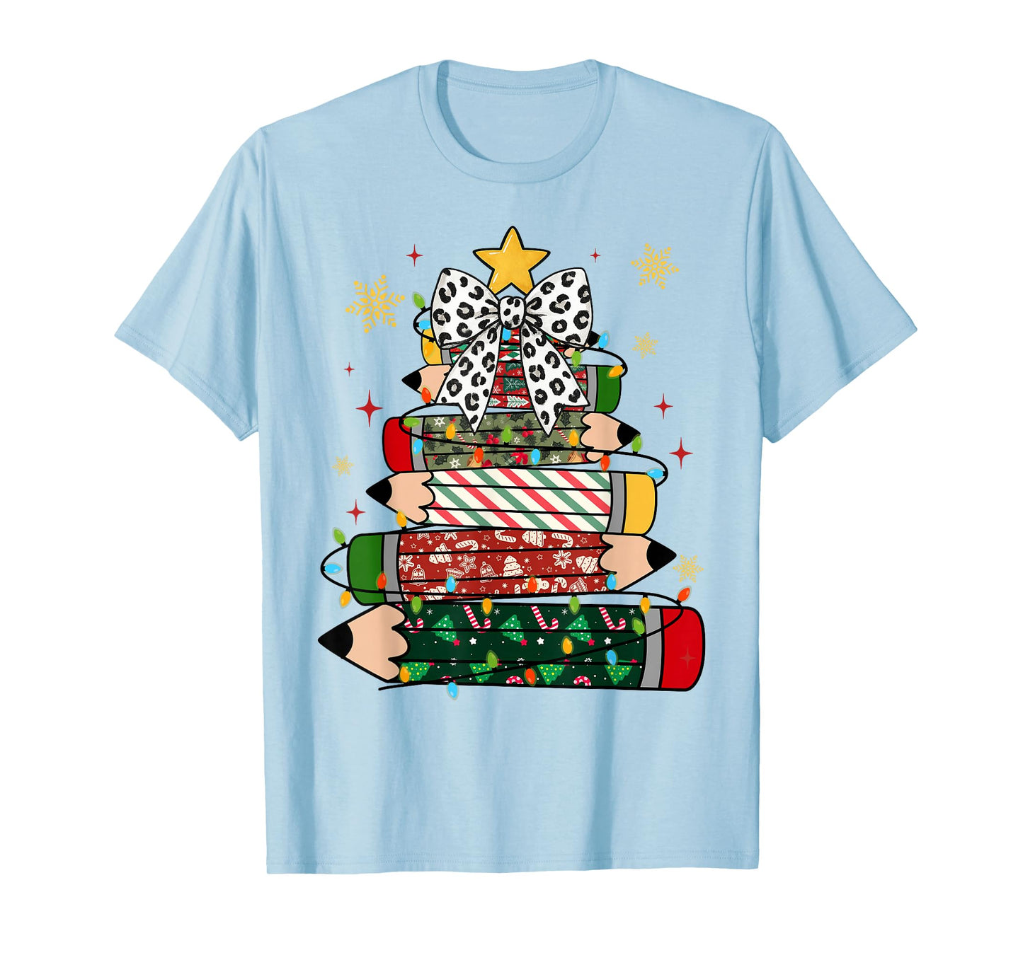 Teacher Christmas Tree Lights Pencil Leopard Print Cute Bow T-Shirt