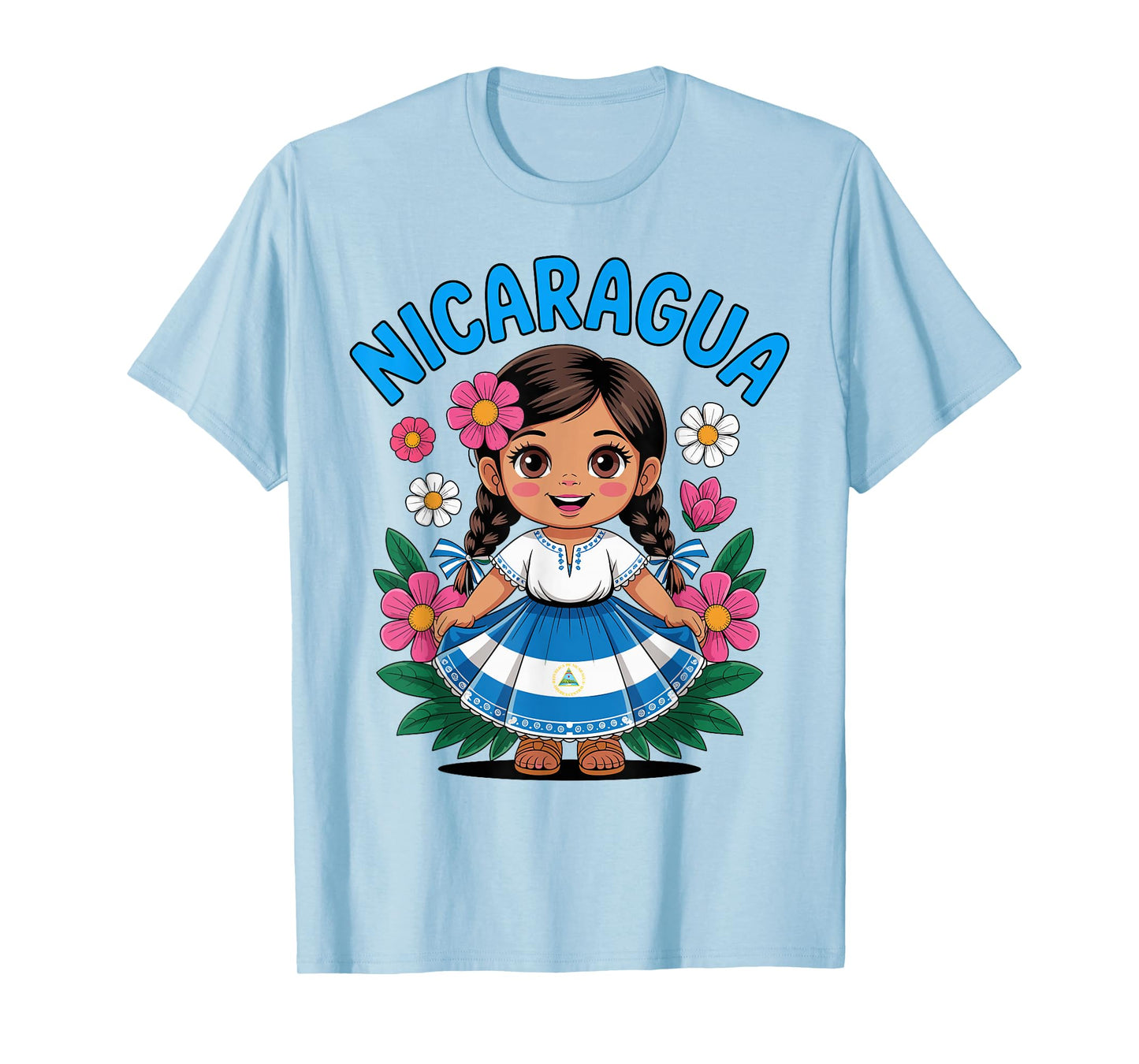 Cute Nicaragua Girl Traditional Dress with Flag Art for Kids T-Shirt