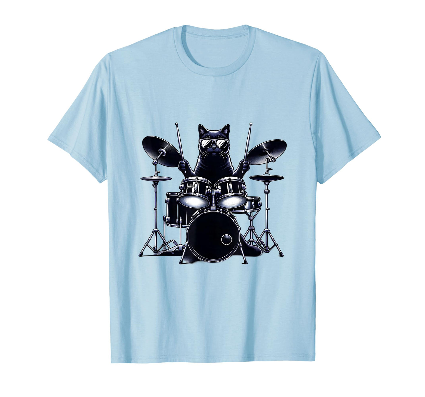 Percussion Cat Playing Drums T-Shirt, Unisex-Adults/Kids, Grey, Short Sleeve, Cat, Drumming, Graphic, Music, Novelty, Classic Fit, Cotton Blend, Machine Wash, Size: Small