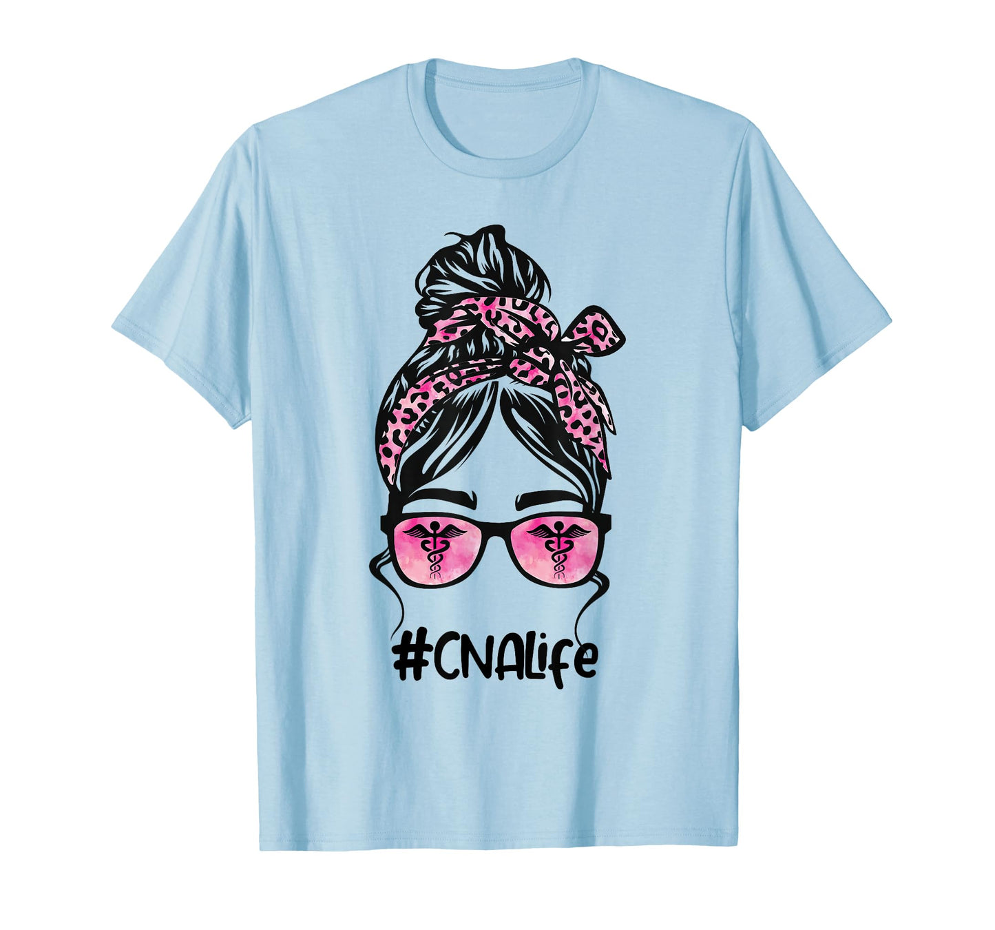 CNA Nurse Life Bleached Pink Leopard Messy Bun T-Shirt