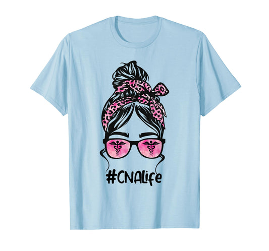 CNA Nurse Life Bleached Pink Leopard Messy Bun T-Shirt