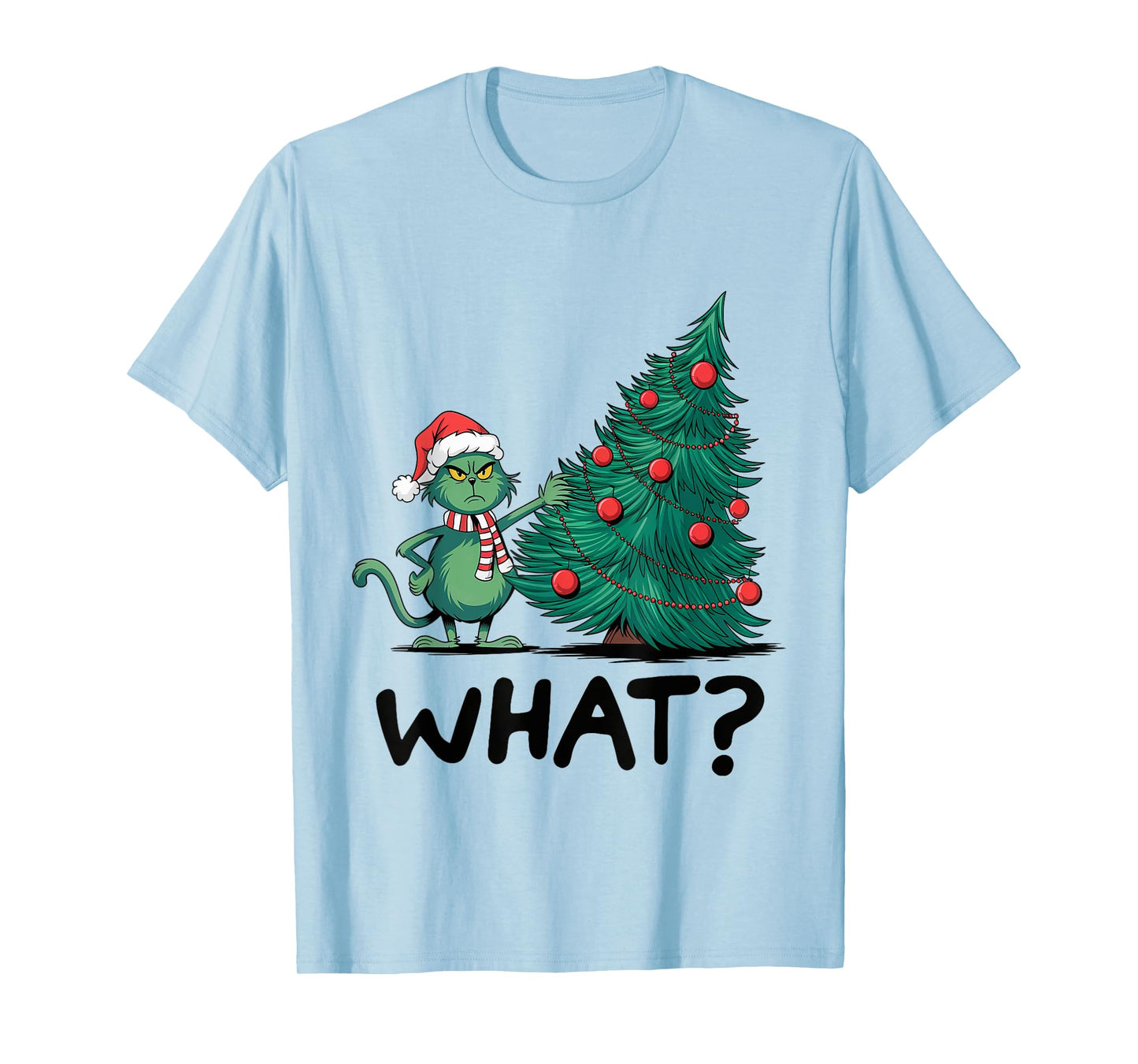 Cat What Funny Green Cat Pushing Christmas Tree Ugly Xmas T-Shirt for Men Women Kids