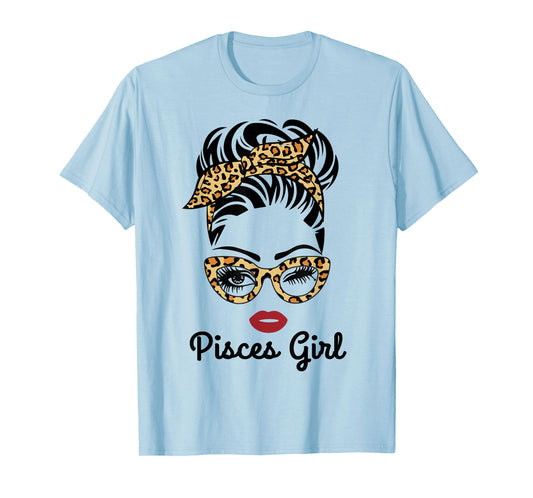 Pisces Girl Woman Face Leopard Bandana glasses T-Shirt