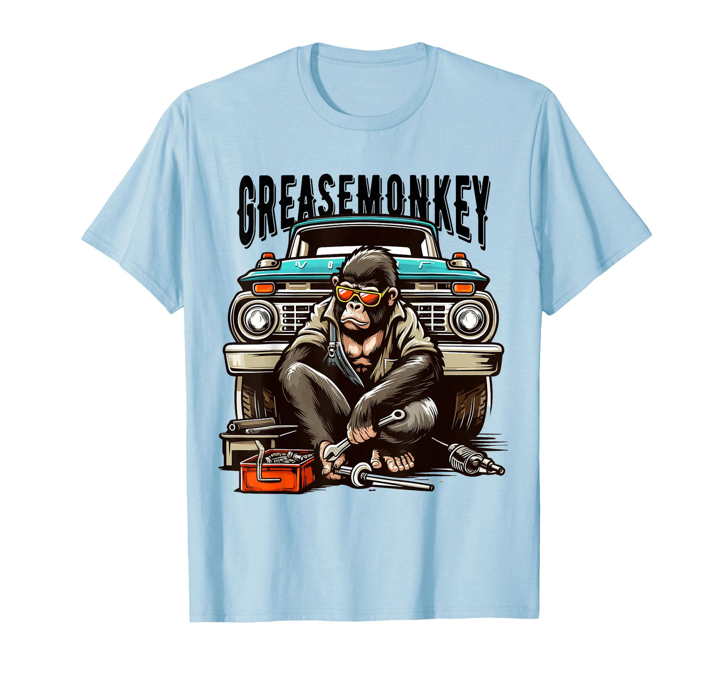 Cool Grease Monkey with Sunglasses Working on Vintage Truck T-Shirt