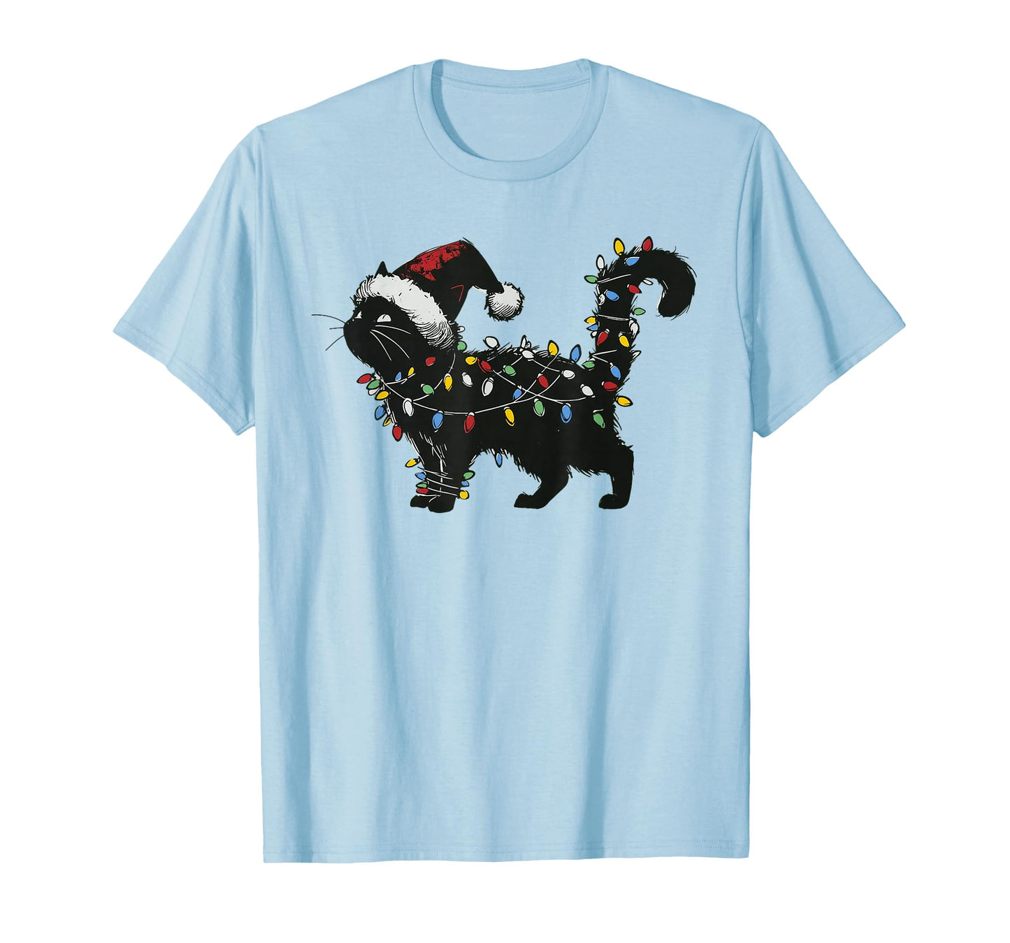 Black Cat Christmas Lights Santa Hat for Mens Womens Kids T-Shirt