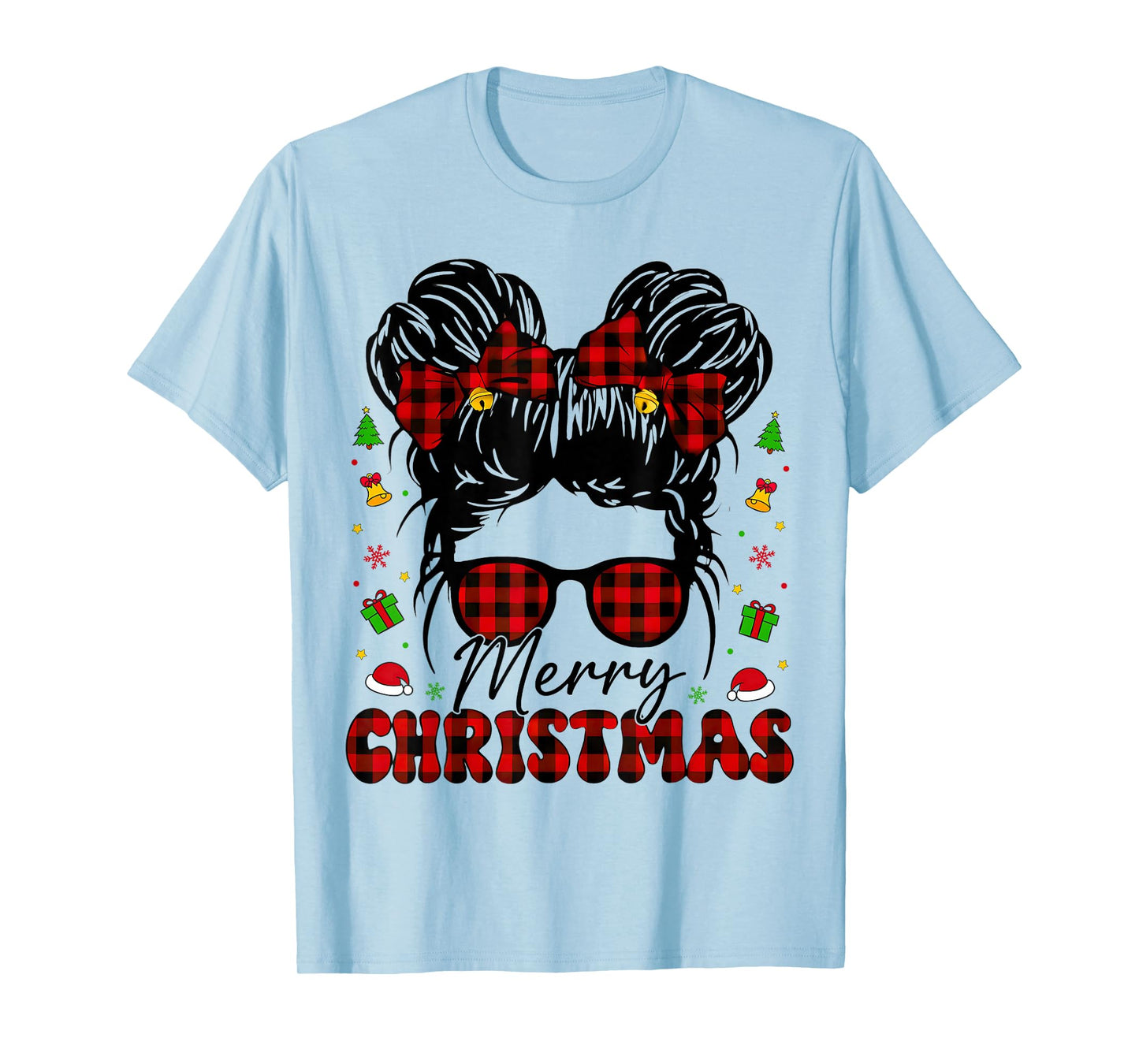 Merry Christmas Buffalo Plaid Messy Bun Girl Xmas Pajamas T-Shirt