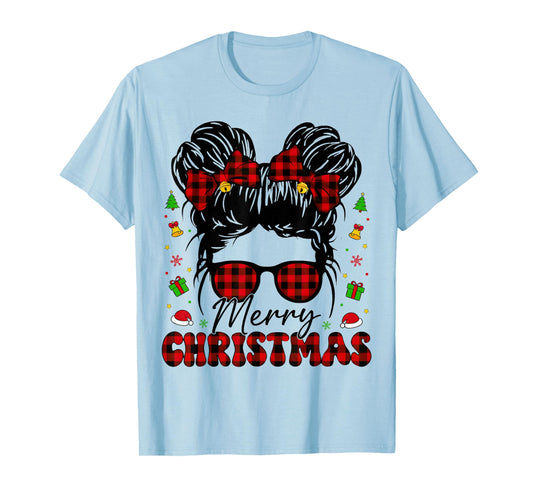 Merry Christmas Buffalo Plaid Messy Bun Girl Xmas Pajamas T-Shirt