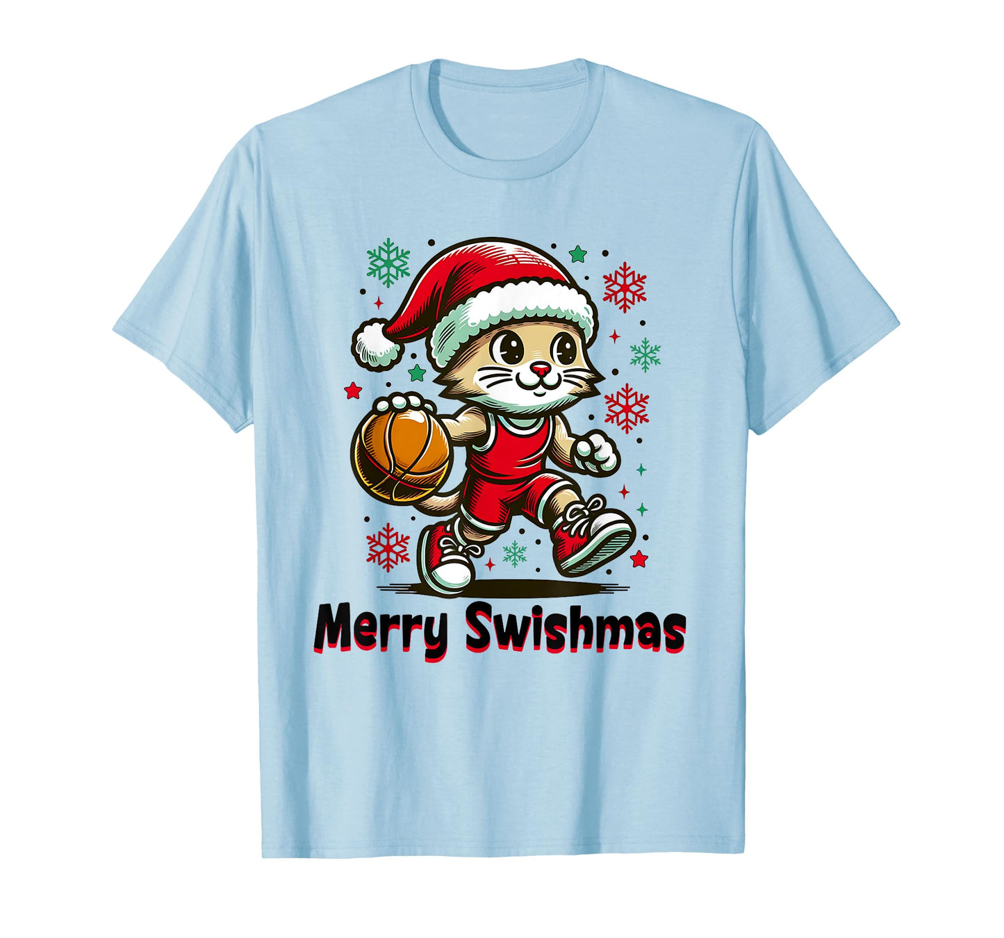 Christmas Basketball Merry Swishmas Funny Cat and Sports T-Shirt