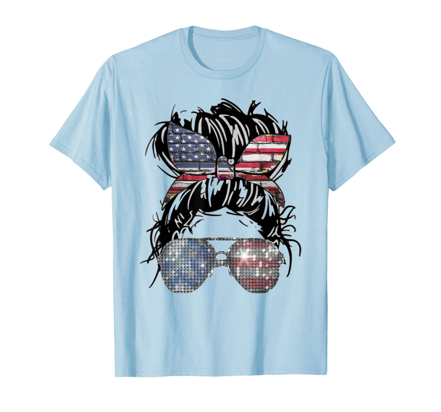 Messy Bun American Flag Glasses 4th of July Patriotic T-Shirt