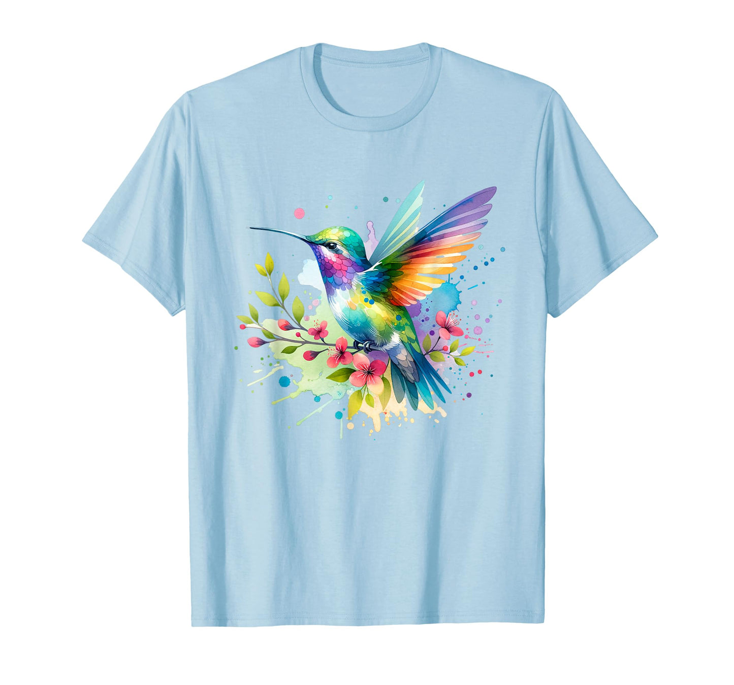 Hummingbird, Spring Floral Watercolor Scene T-Shirt
