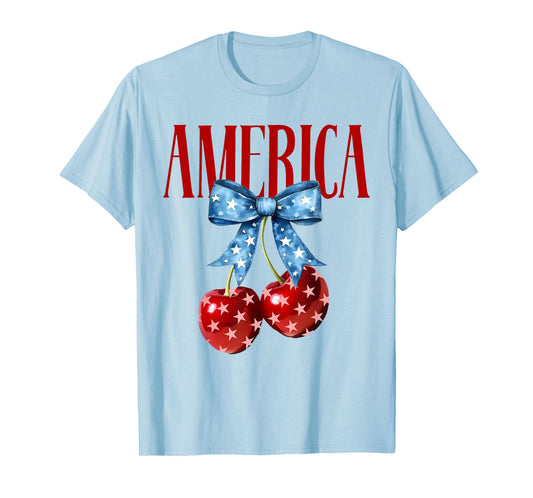 American Coquette Cherry Bow Patriotic USA Flag 4th of July T-Shirt